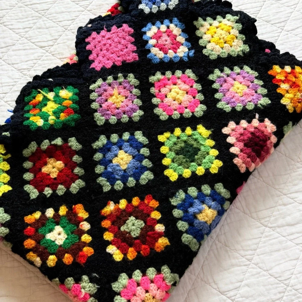 Vintage Crochet Granny Square Blanket 50”x70” Black Multicolor Afghan Boho Retro